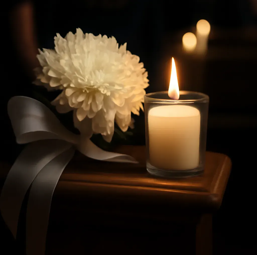Bouquet de chrysanthèmes blancs avec ruban et bougie allumée en mémoire.