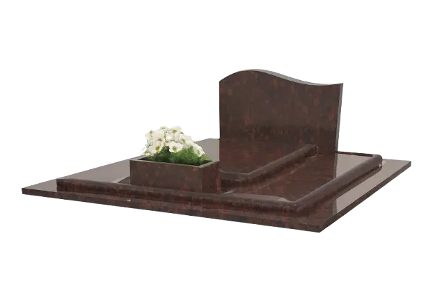 Monument funéraire en granit marron poli avec jardinière intégrée et stèle aux formes arrondies.