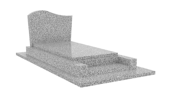 Monument funéraire classique en granit gris clair avec stèle aux bords ondulés.