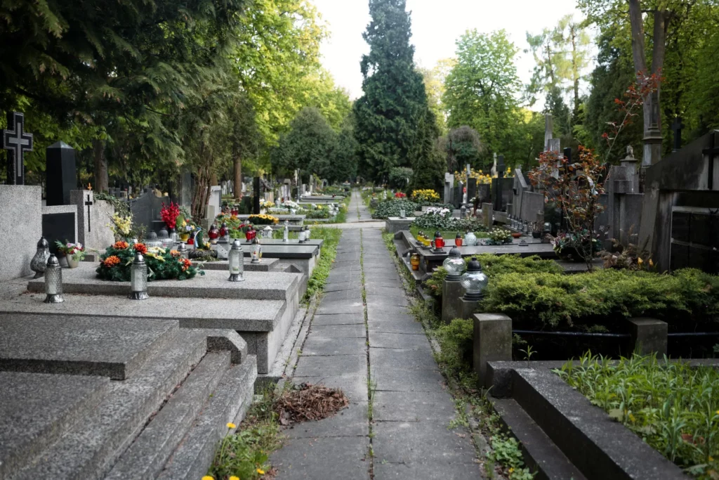 Allée pavée de cimetière bordée de tombes fleuries sous les arbres.